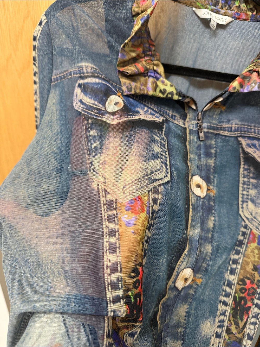 John Mark MESH Sheer Blue Denim PRINTED Jacket with Multicolor Floral Trim - Picture 9 of 14